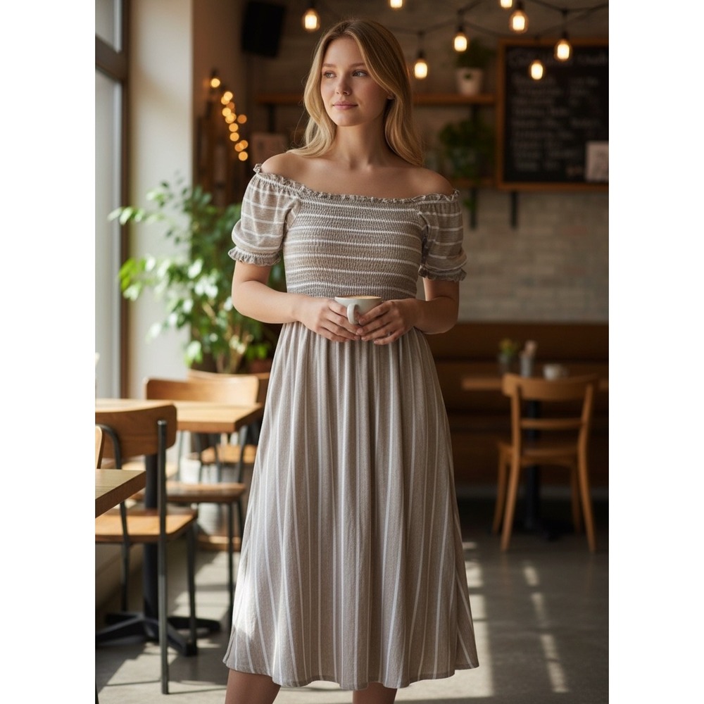 Hem & Thread Striped Smocked Cottagecore Midi Dress Womens Large Beige Milkmaid